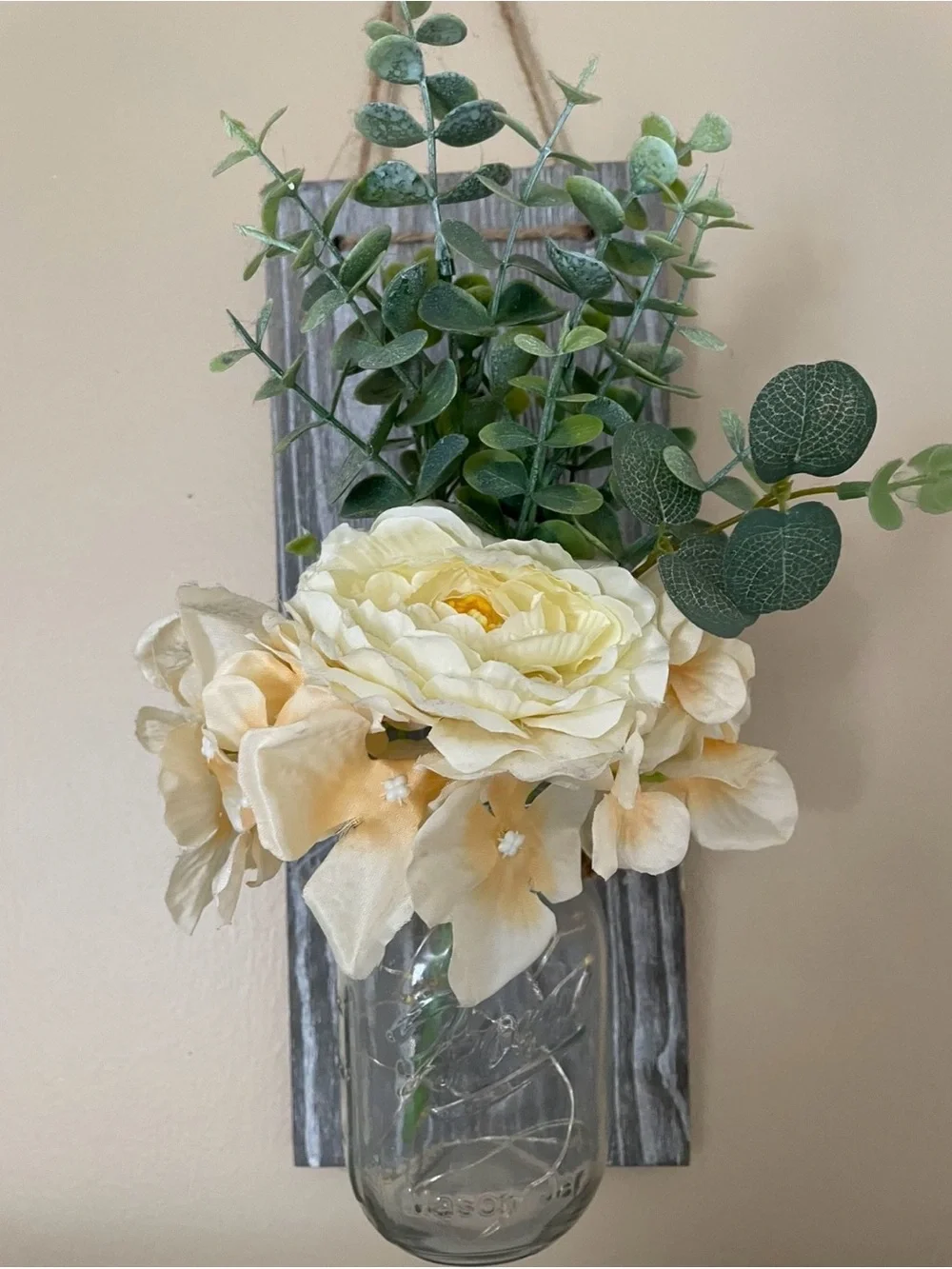 🌻🌸Set of 2! Cream Floral Mason Jar Wall Sconce with LED Lights! 🌸🌻